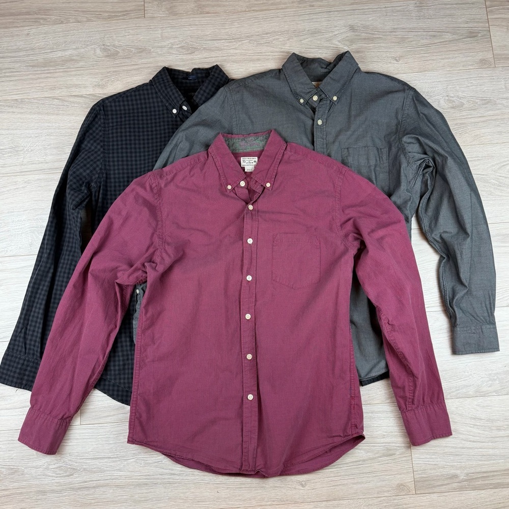 J. Crew Bundle 3 Mens Classic Cotton Button Down Shirts Burgundy Gray Black Sz M